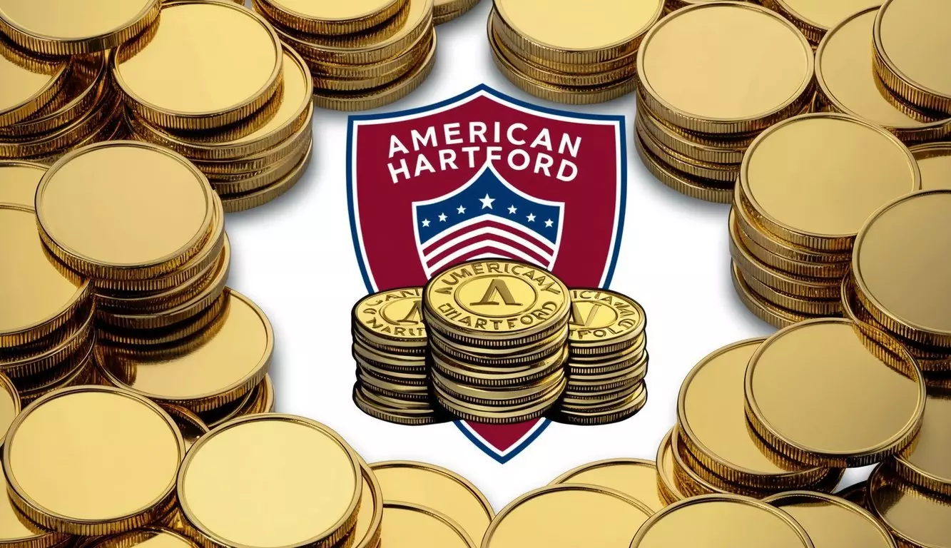 A stack of gold coins surrounded by a shield with the American Hartford Gold logo