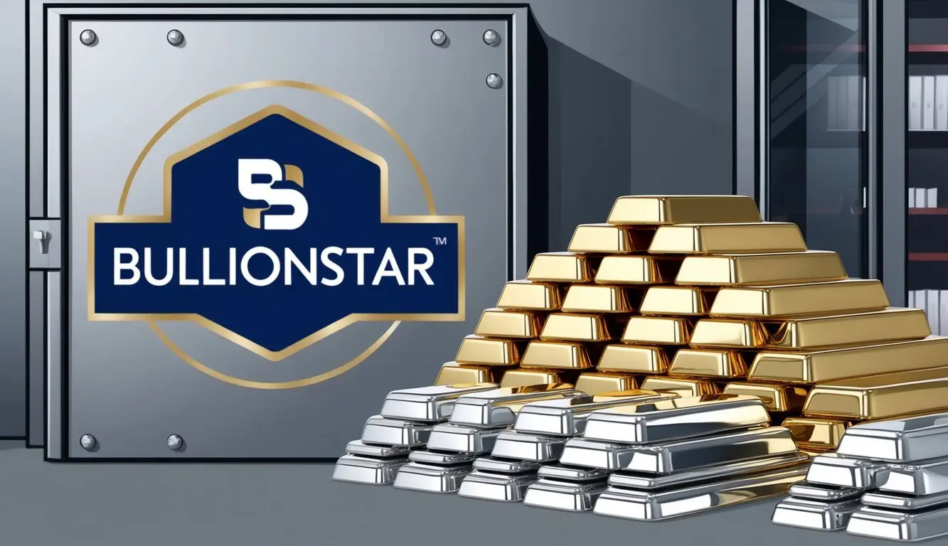 A stack of gold and silver bars arranged in a secure vault, with the BullionStar logo prominently displayed