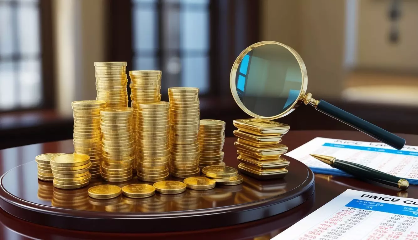 A stack of gold coins and bars displayed on a polished wooden table, with a magnifying glass and price charts nearby