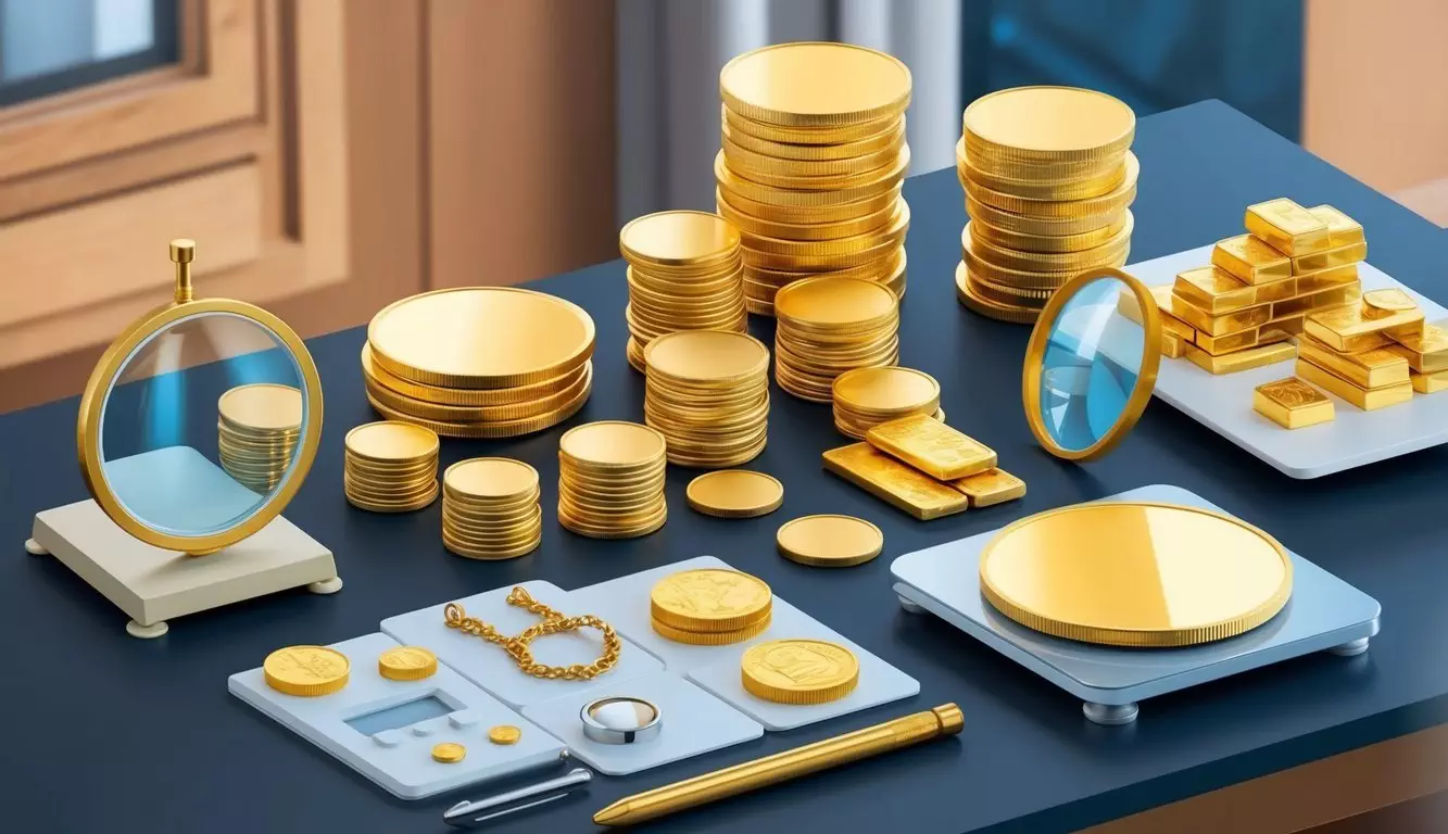 A variety of gold investment options displayed on a table, including coins, bars, and jewelry, with a scale and magnifying glass nearby for examination