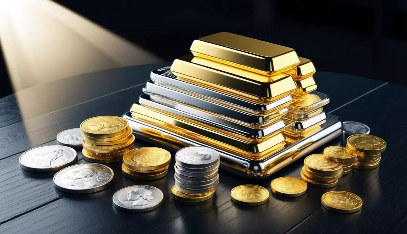 A stack of gold and silver bars and coins arranged on a dark wooden table, with a spotlight shining down to highlight their shine and value