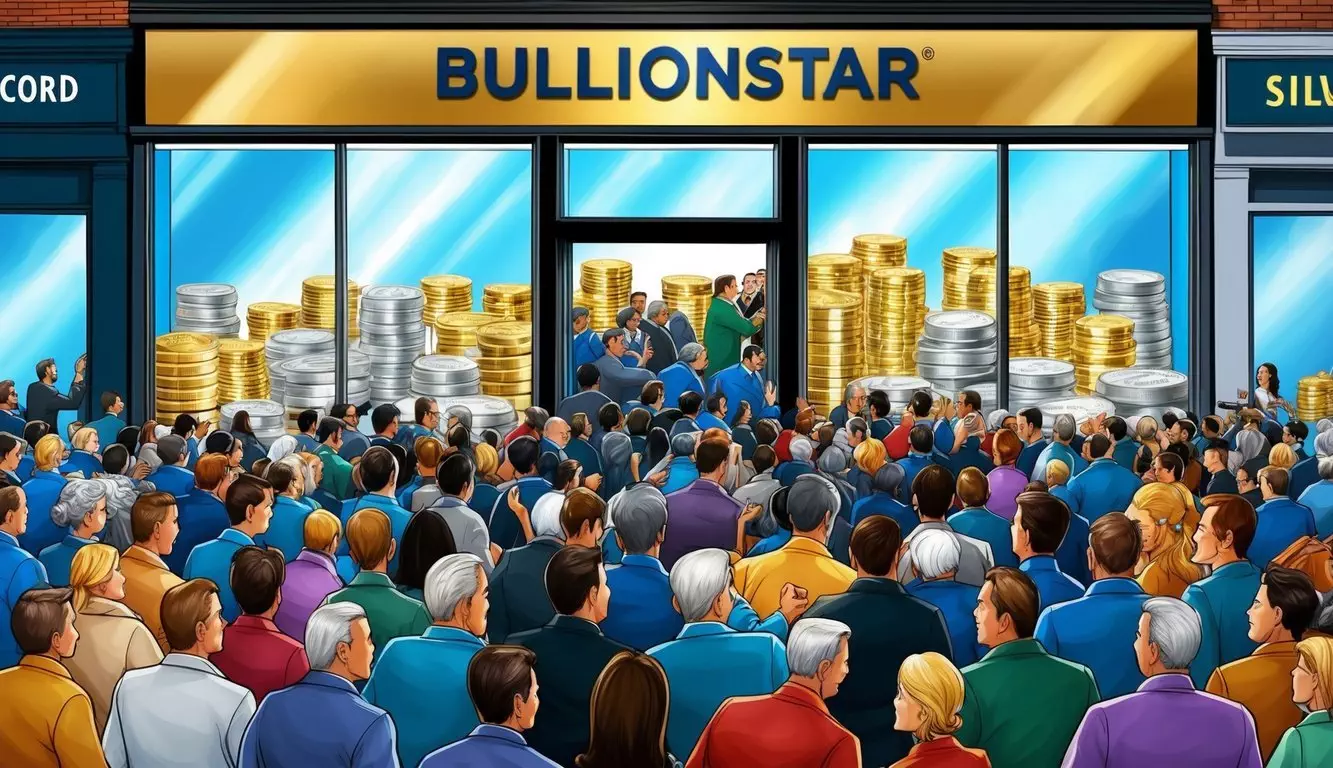 Crowds swarm around Bullionstar store, clamoring for discounted gold and silver. Shiny coins and bars gleam in the store windows