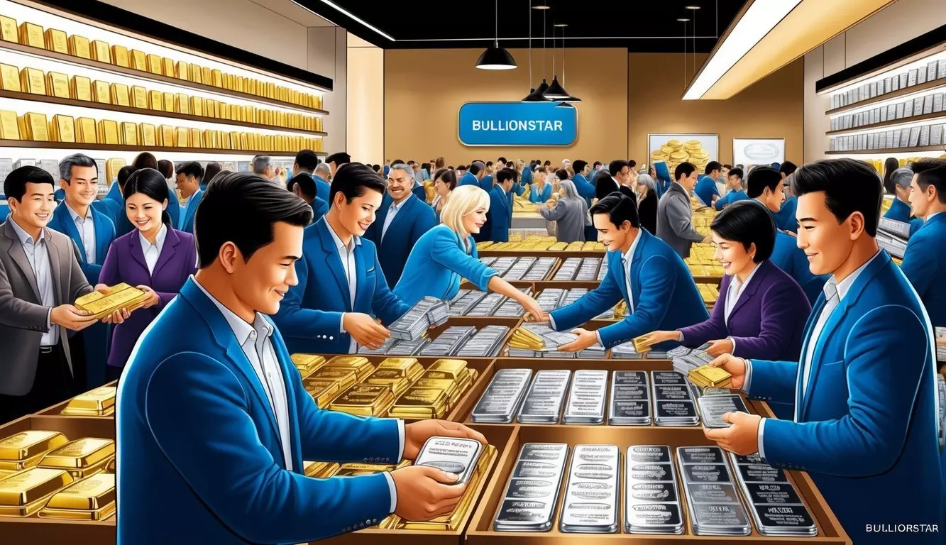 A crowded store with shelves of gleaming gold and silver bars, customers eagerly selecting and purchasing precious metals during a Black Friday sale at BullionStar