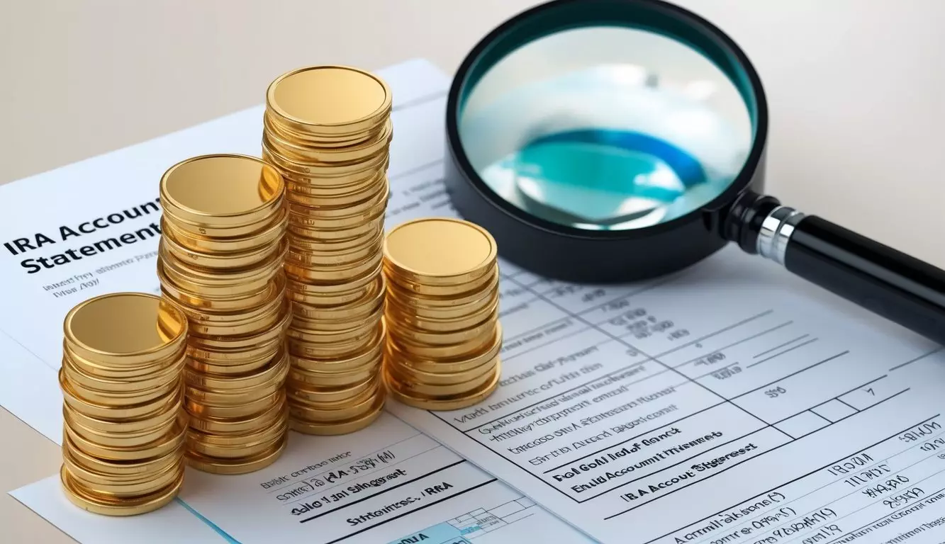 A stack of gold coins arranged next to an IRA account statement, with a magnifying glass examining the details