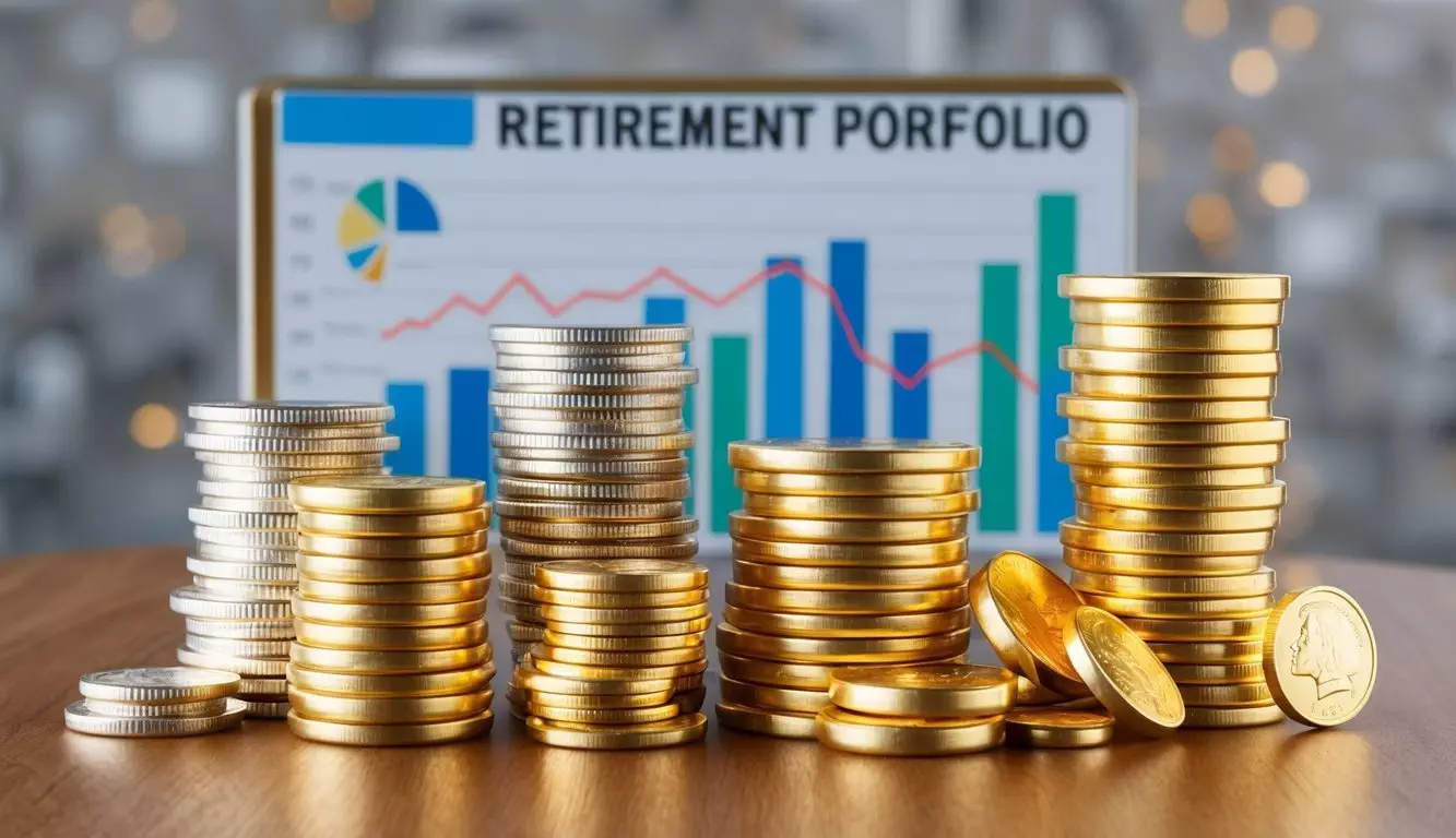 A stack of gold coins and bars arranged on a table, with a retirement portfolio chart in the background