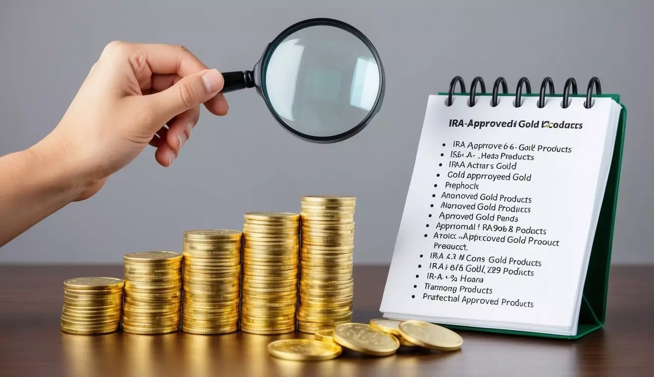 A hand reaching for a stack of gold coins, with a magnifying glass and a list of IRA-approved gold products nearby