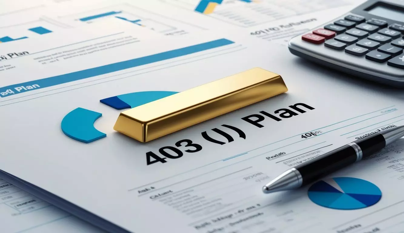 A group of financial documents and charts surrounding a 403(b) plan, with a gold bar symbolizing a rollover to gold