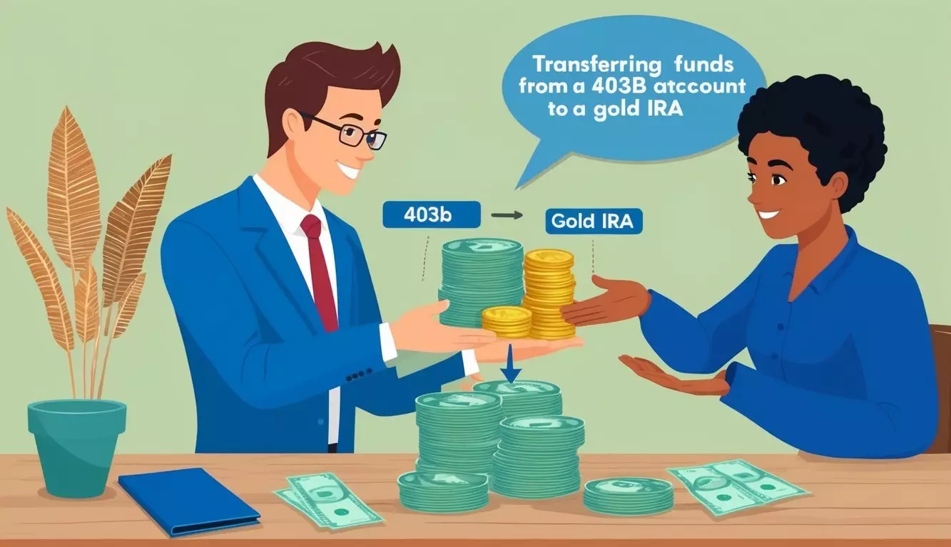 A person transferring funds from a 403b account to a gold IRA, with a financial advisor discussing the advantages