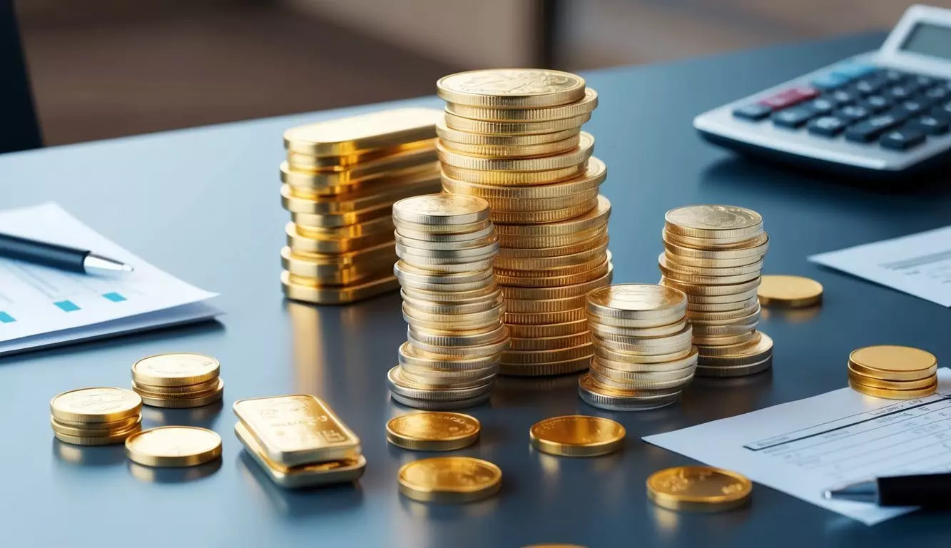 A stack of gold coins and bars arranged on a sleek, modern table with a calculator and financial documents scattered around