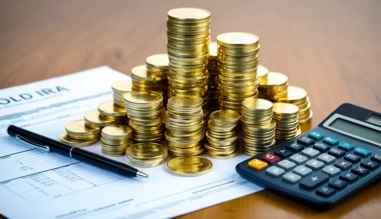 A pile of gold coins and bars on a table, alongside paperwork and a calculator, symbolizing the initial costs of a Gold IRA