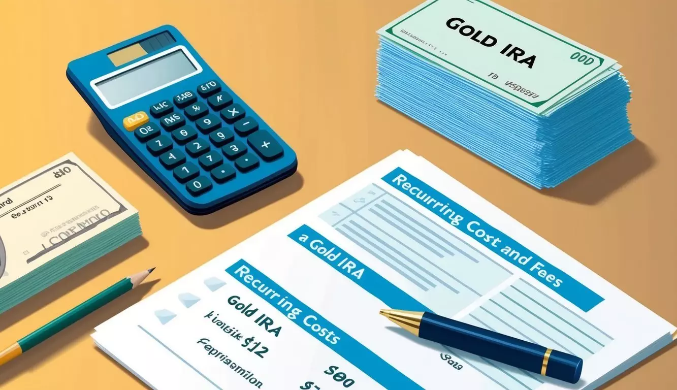 A table with a calculator, paperwork, and a stack of bills, representing recurring costs and fees for a gold IRA