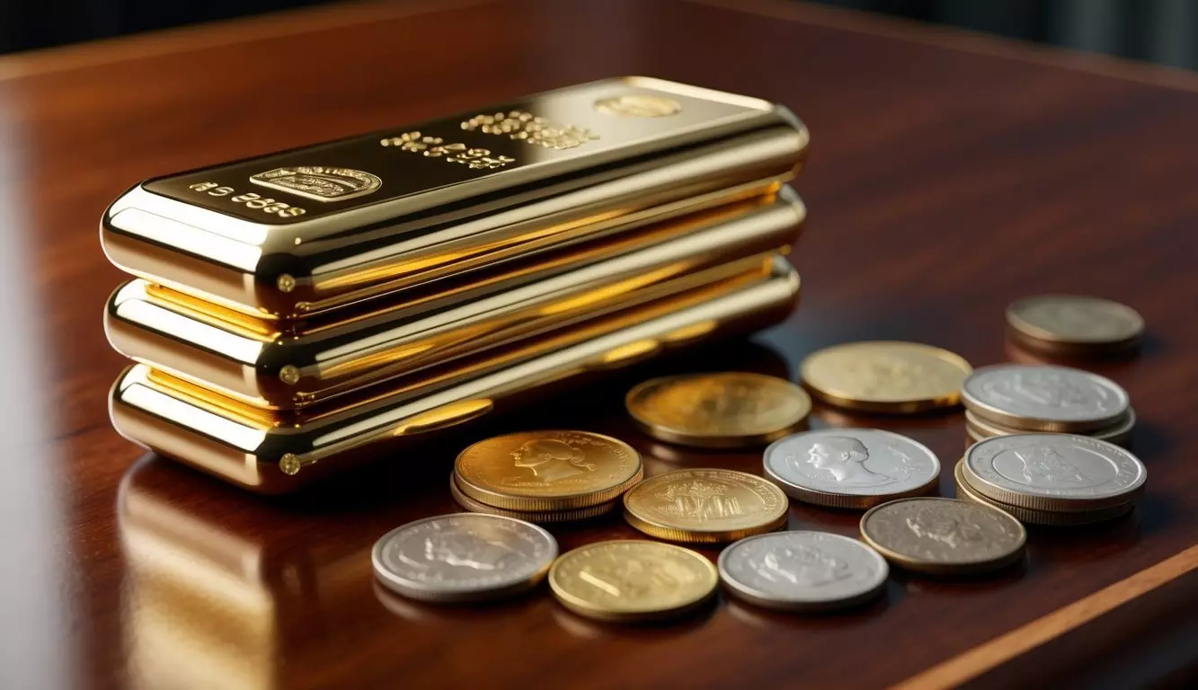 A stack of gleaming gold bullion bars contrasts with a collection of antique numismatic coins on a polished wooden table