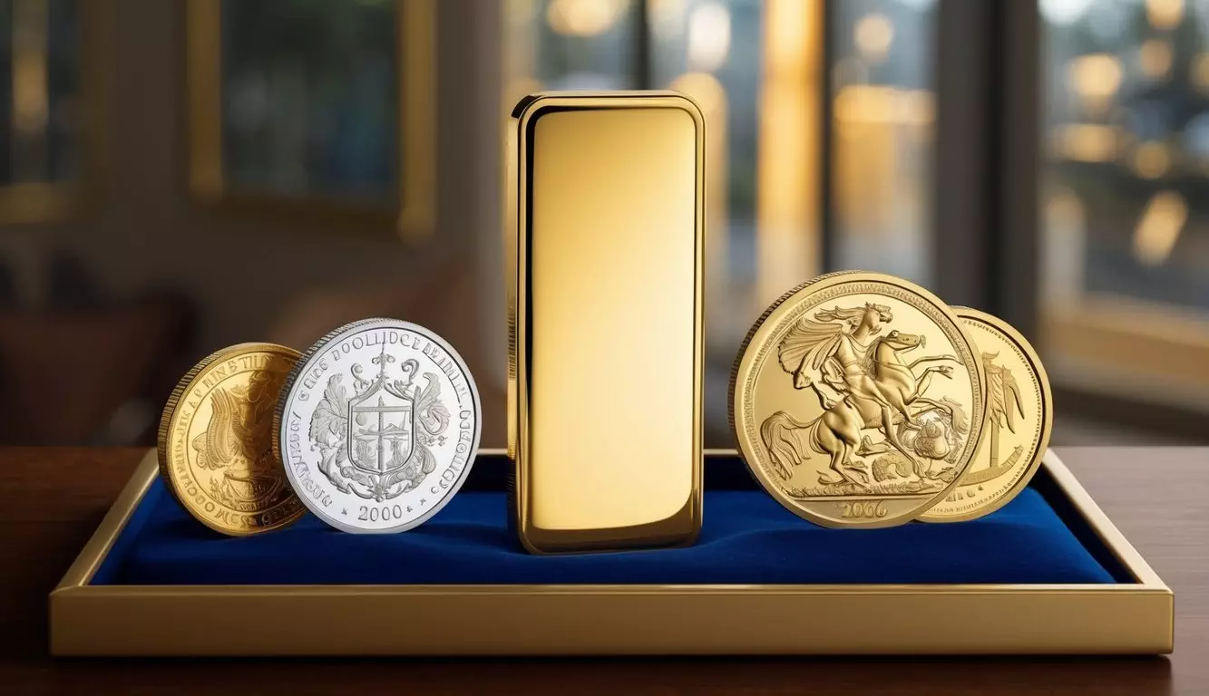 A gleaming gold bullion bar stands next to a collection of rare and intricate numismatic coins, all displayed on a velvet-lined tray