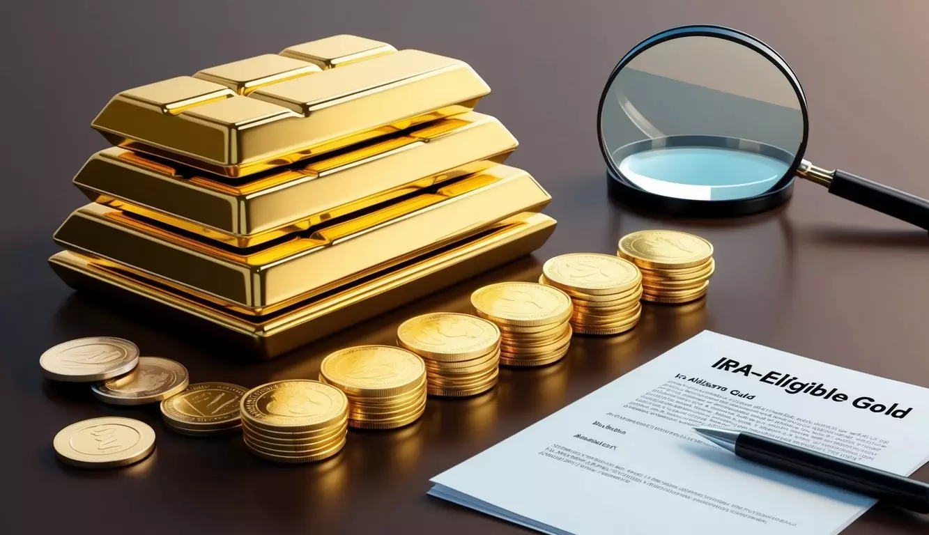 A stack of gold bars and coins arranged on a table, with a magnifying glass and a document labeled 