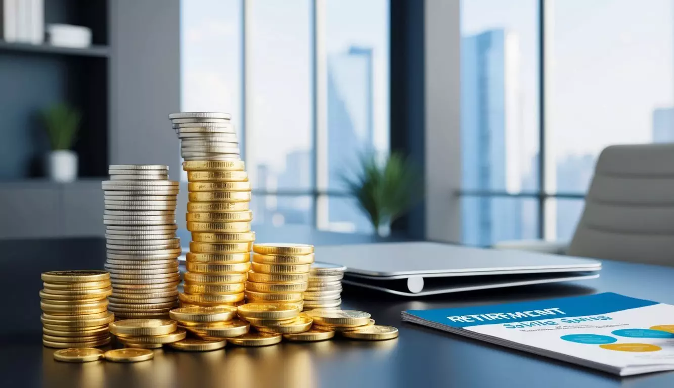 A stack of gold bars and coins arranged on a sleek, modern desk with a retirement savings brochure nearby