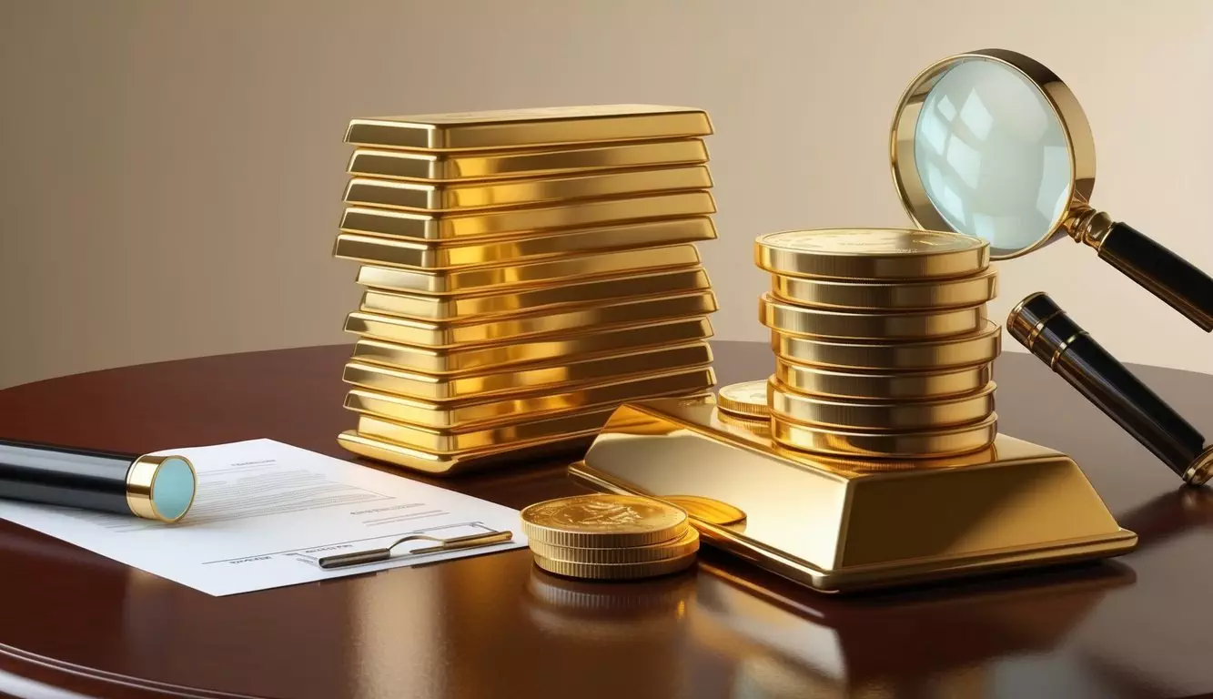 A stack of gold bars and coins displayed on a polished wooden table, with a magnifying glass and financial documents nearby