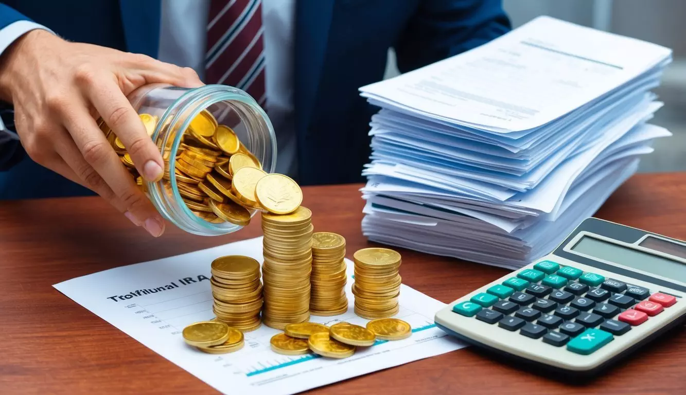 A hand pouring gold coins into a traditional IRA account, with a stack of paperwork and a calculator nearby