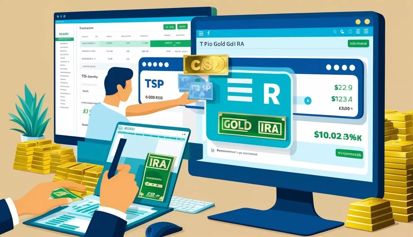 A person transferring money from TSP to a gold IRA, with a computer showing financial data and gold bars in the background