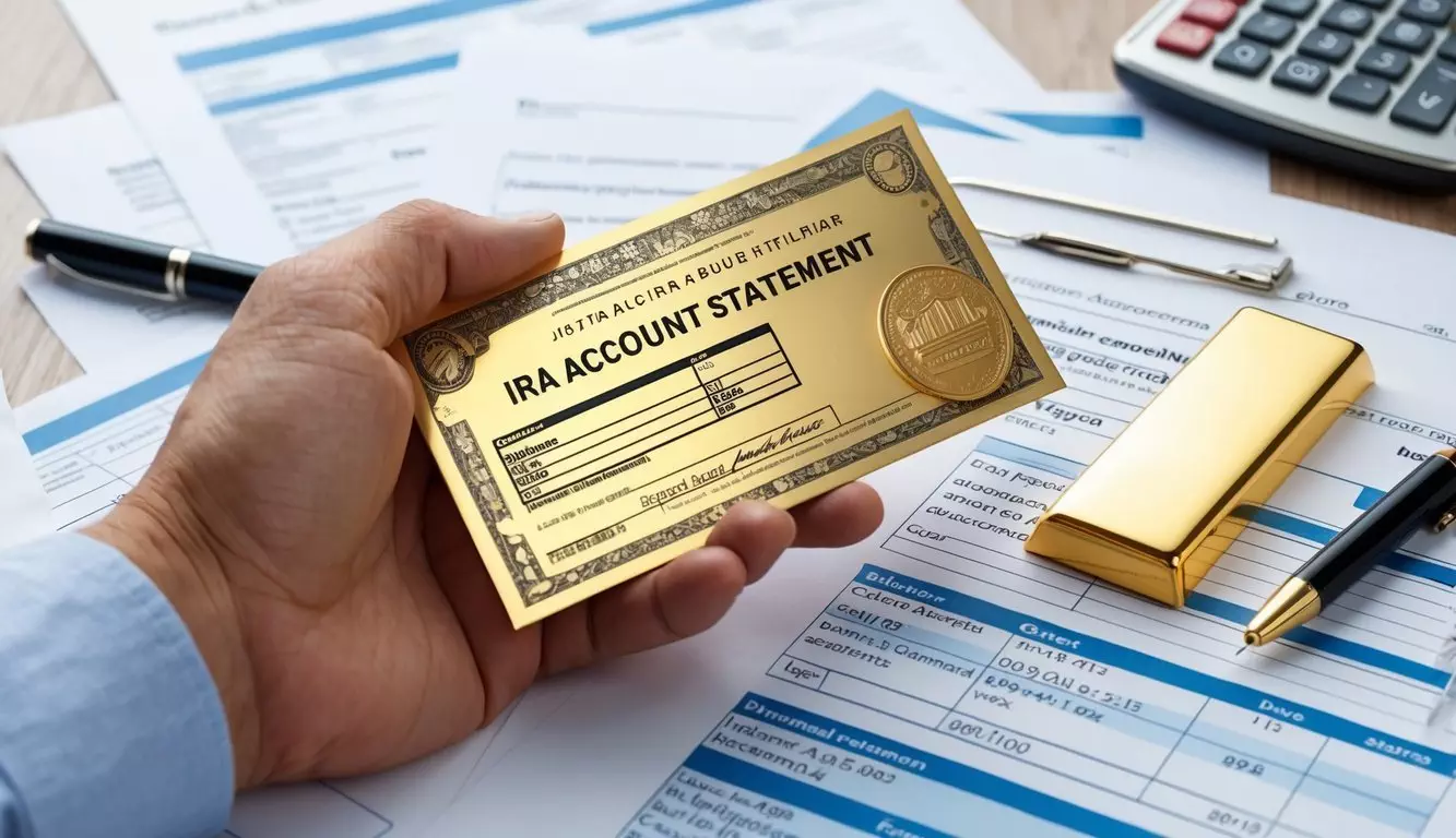 A hand holding a golden IRA account statement, surrounded by financial documents and a shining gold bar