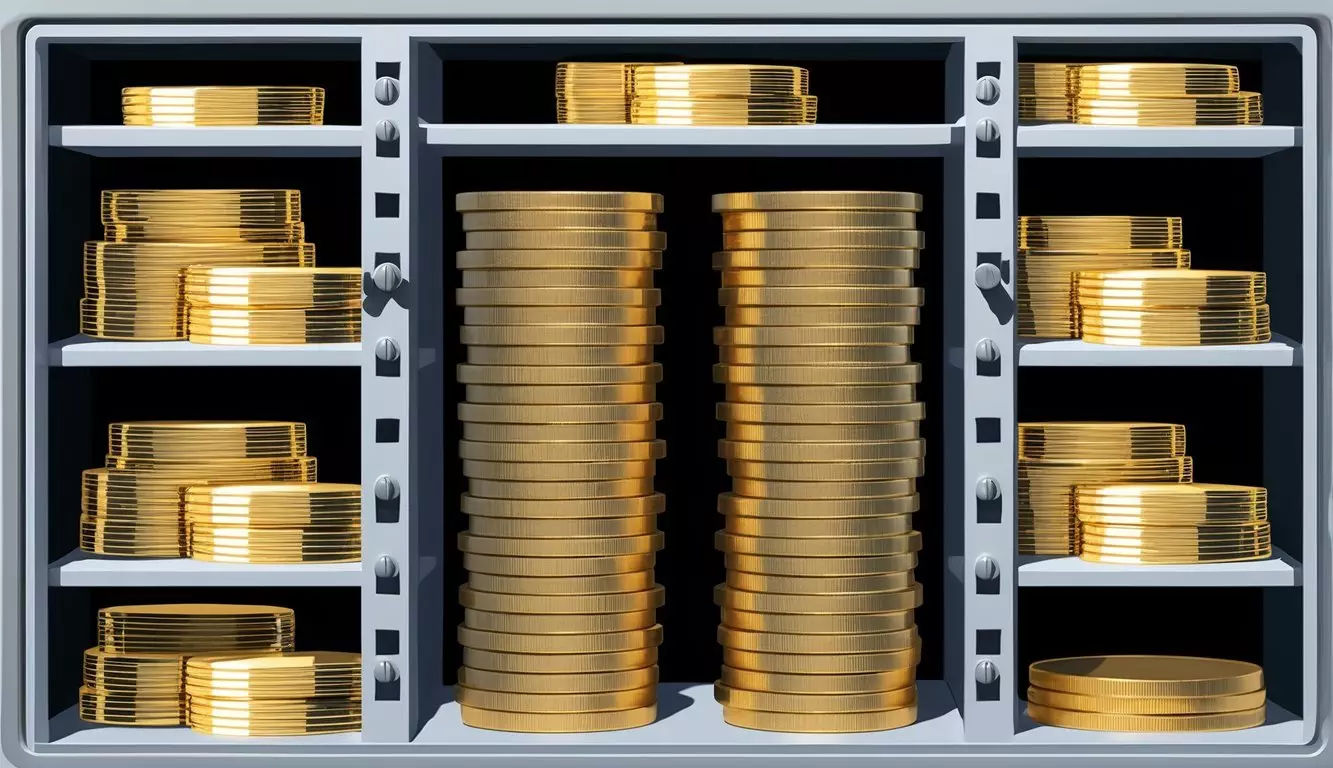 A stack of gold coins and bars arranged in a secure vault