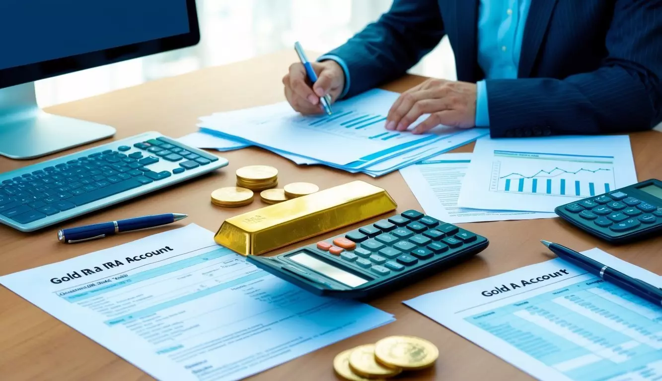 A person sets up a gold IRA account with paperwork, a computer, and financial documents spread out on a desk. A gold bar and coins are displayed next to a calculator and pen