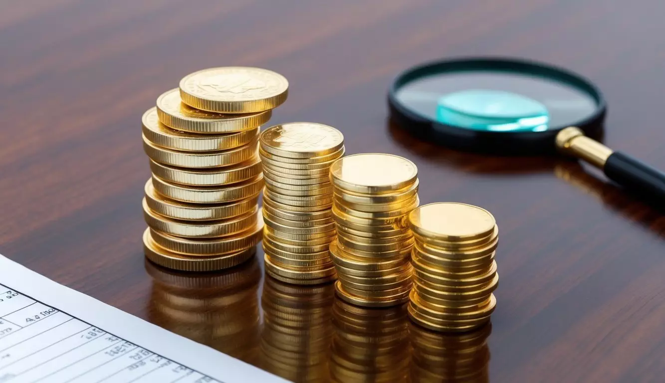 A stack of gold coins and bars arranged on a polished wooden surface, with a magnifying glass and financial documents nearby