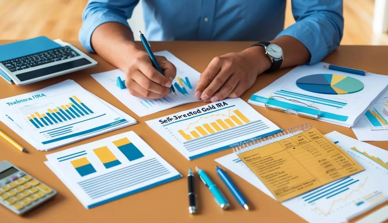 A person researching and comparing Traditional IRA and Self-Directed Gold IRA options, with financial documents and charts spread out on a desk