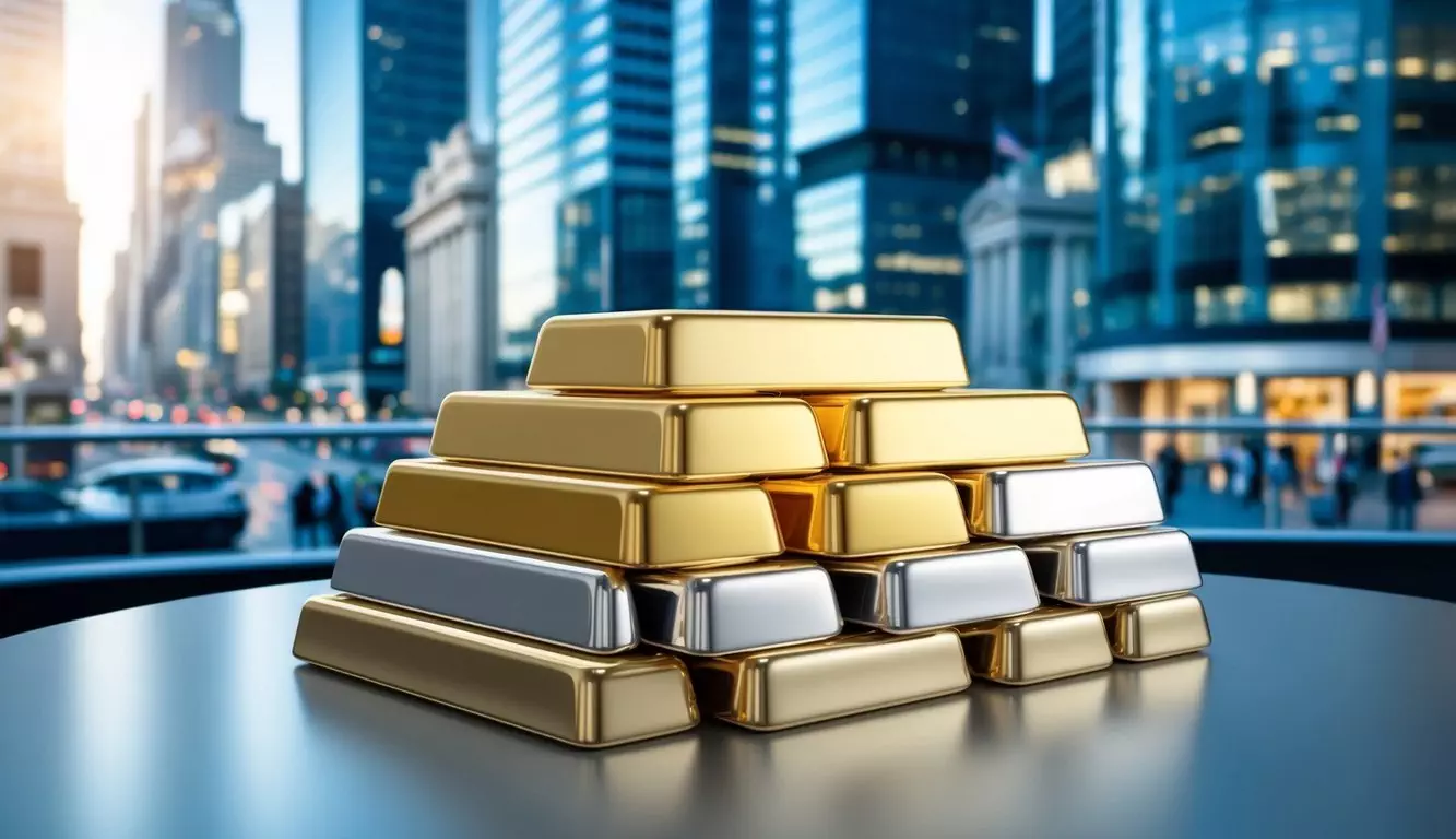 A stack of gold, silver, and platinum bars arranged on a sleek, modern table with a backdrop of a bustling financial district