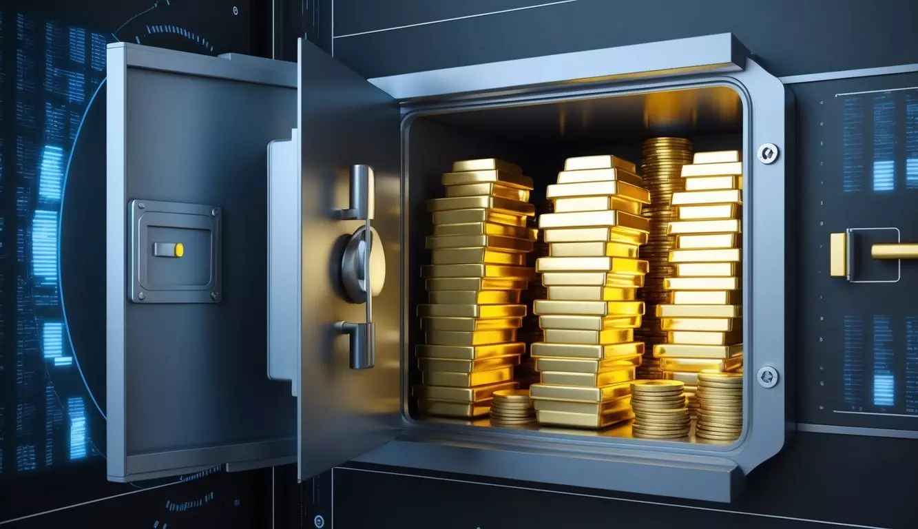 A secure vault door opens to reveal stacks of gleaming gold bars and coins, surrounded by high-tech security measures