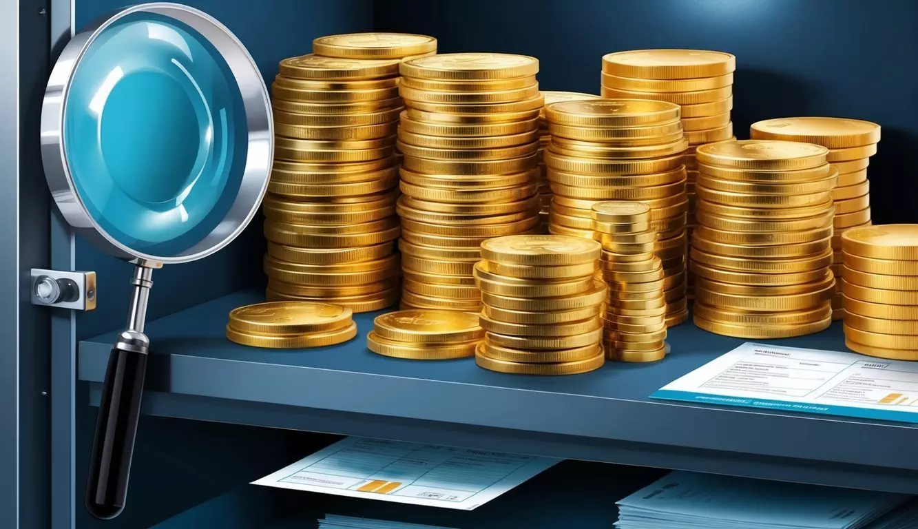 A stack of gold coins and bars arranged neatly on a secure vault shelf. A magnifying glass and financial documents nearby