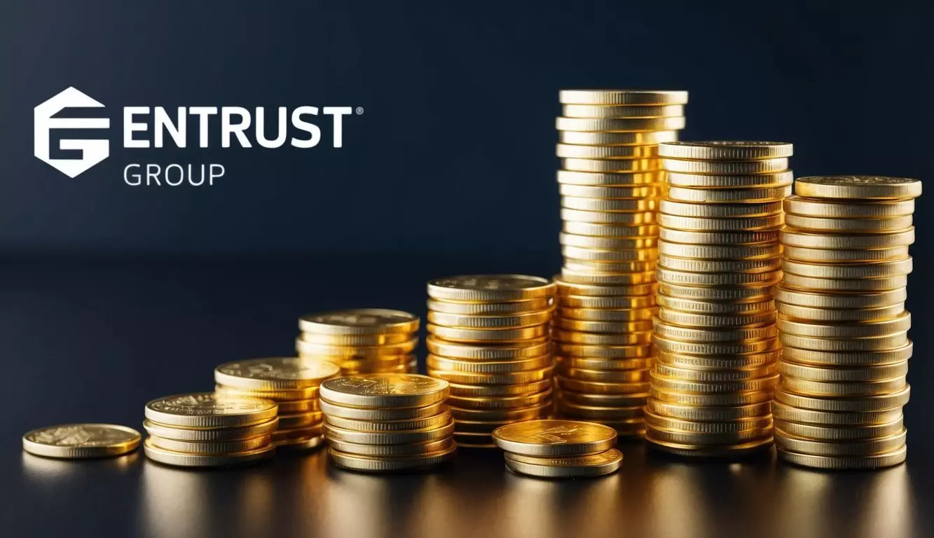 A stack of gold coins and bars arranged on a dark background, with the Entrust Group logo subtly featured in the background