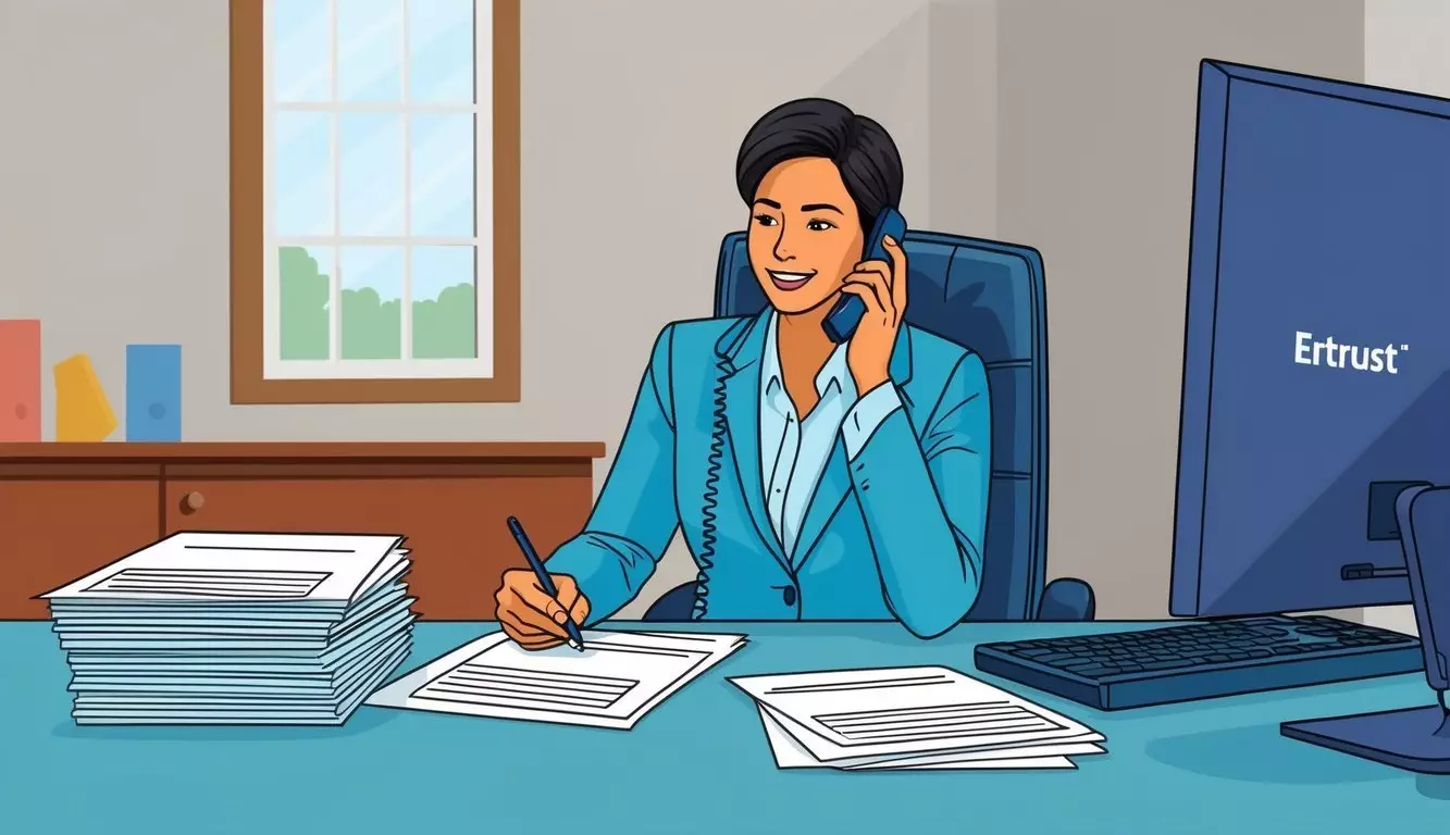 A person sits at a desk, filling out paperwork and speaking on the phone with a representative from Entrust. A stack of documents and a computer are visible on the desk