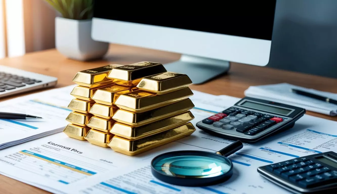 A stack of gold bars surrounded by financial documents and a computer, with a magnifying glass and calculator nearby