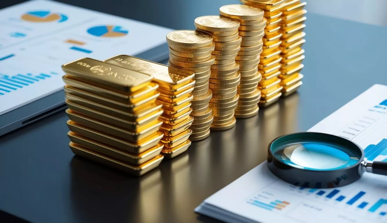 A stack of gold coins and bars arranged on a sleek, modern desk with a financial report and a magnifying glass nearby