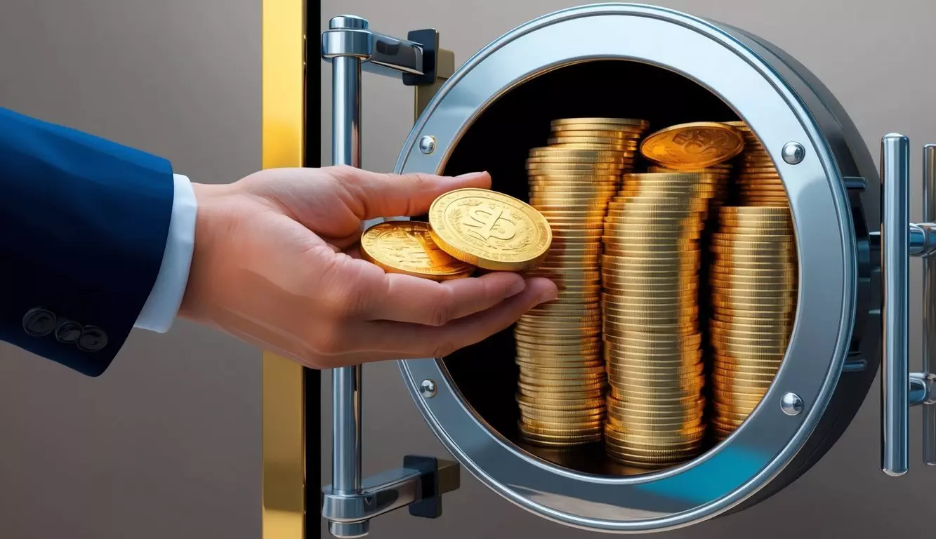 A hand placing gold coins into a secure investment vault