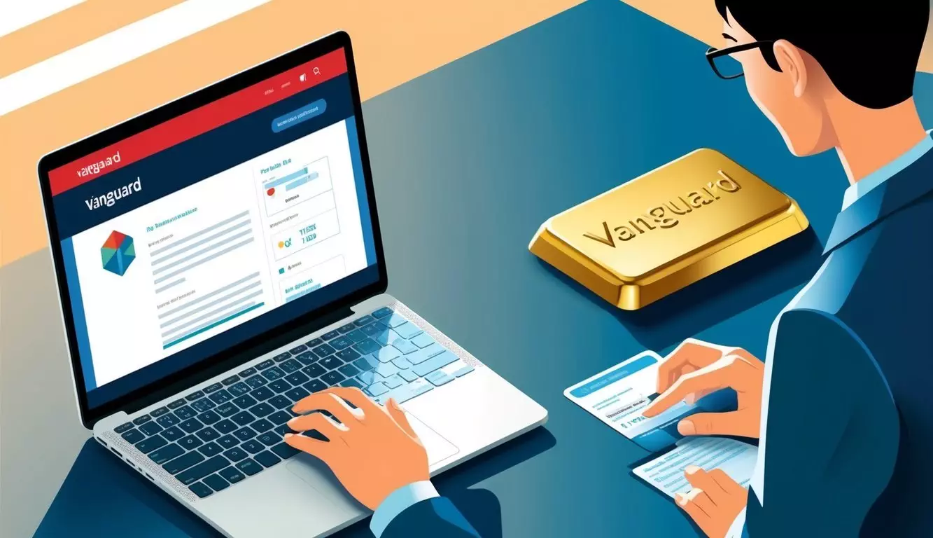 A person researching investment options on a laptop, with a Vanguard website open and a gold bar on the desk