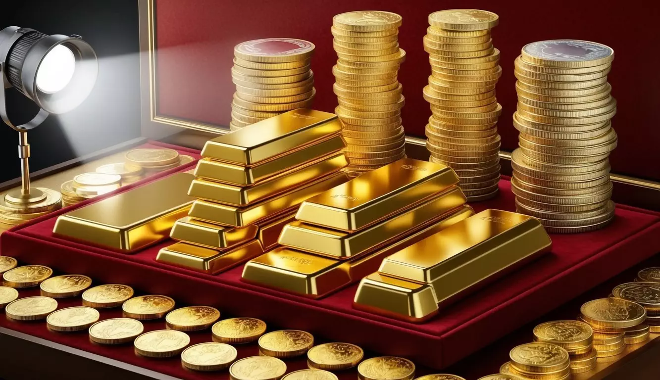 A stack of gold bars and coins arranged on a velvet-lined display, with a spotlight shining on them